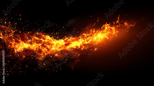 Dynamic orange and yellow flames blaze vividly against a black background, with sparks and glowing embers creating a sense of intense heat and energy