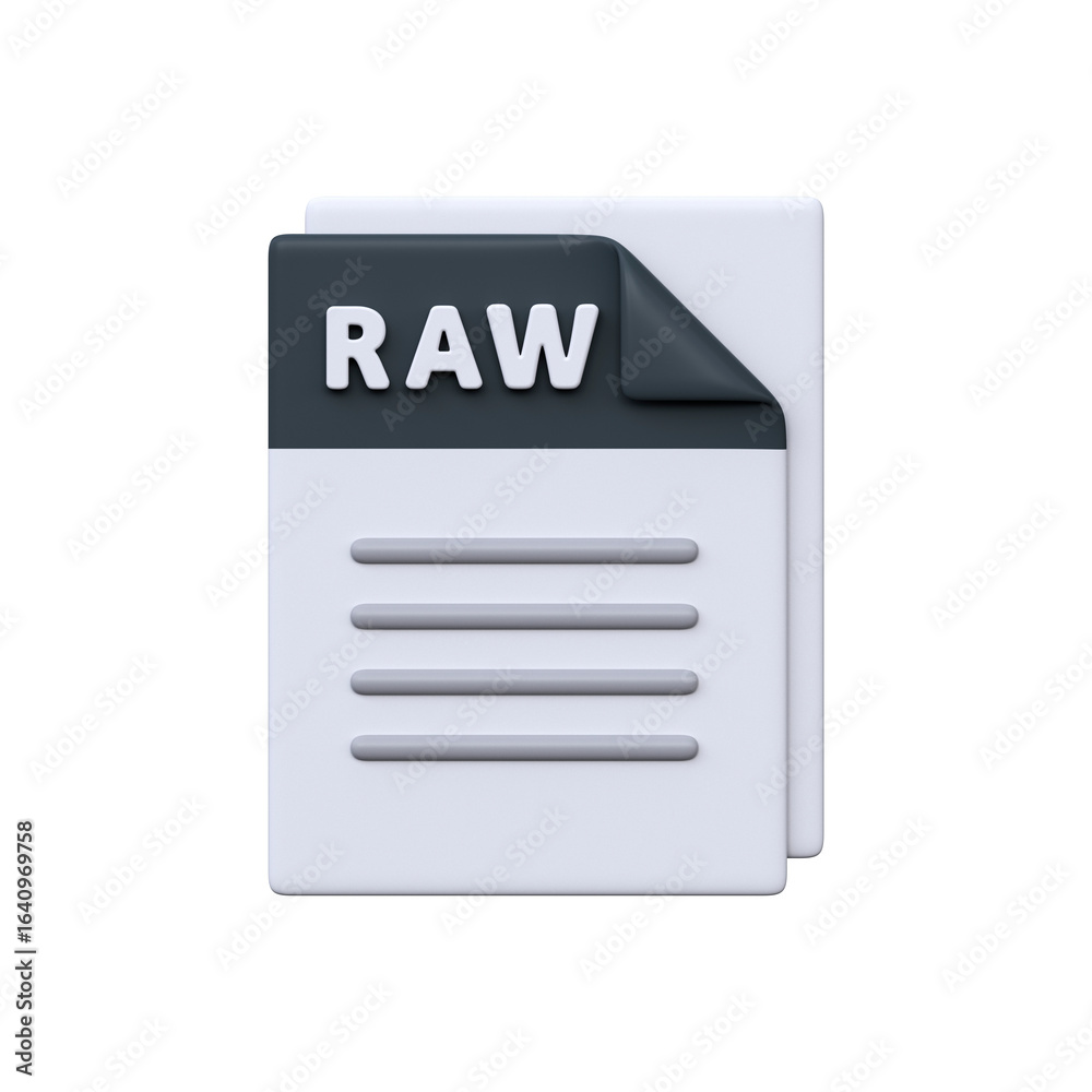 RAW file, format, 3D icon. Unprocessed image format for high-quality photography and post-production editing... RAW file, format, 3D icon. Unprocessed image format for high-quality photography and post-production editing...