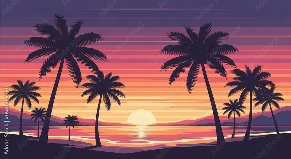 Fototapeta premium Sunset view with palm trees silhouette