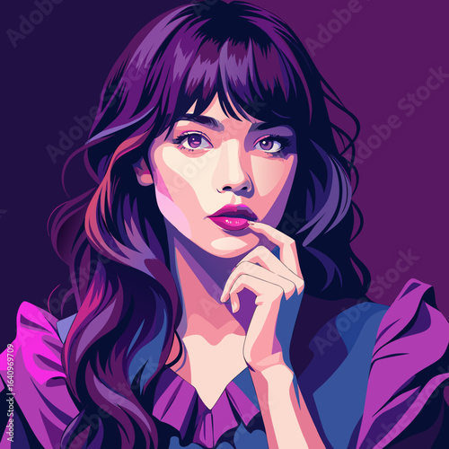 Stylish Woman with Purple Hair and Dress Finger on Lips Vector Illustration in Pop Art Style Fashion Portrait