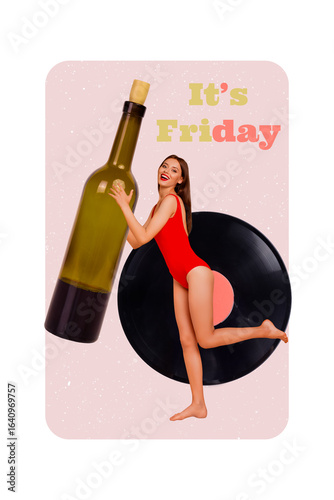 Obraz na plátne Image 3d collage sketch of cheerful happy girl hold huge glass bottle cabernet s