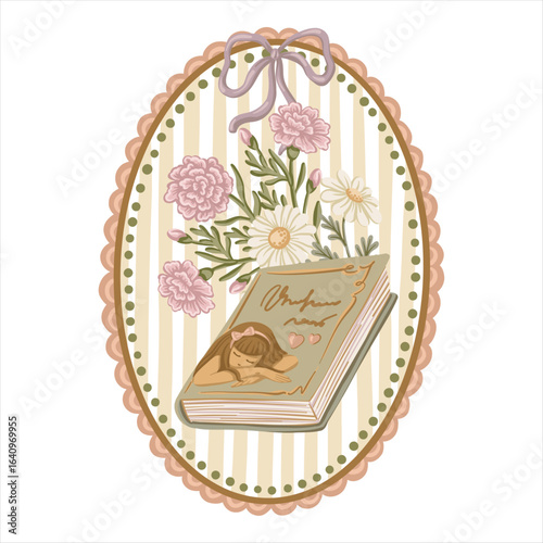 Vintage cottagecore design with flower and a love book on striped background. Green and orange colors in a romantic coquette style. Ideal for greeting card or invitation. Great for print and poster.