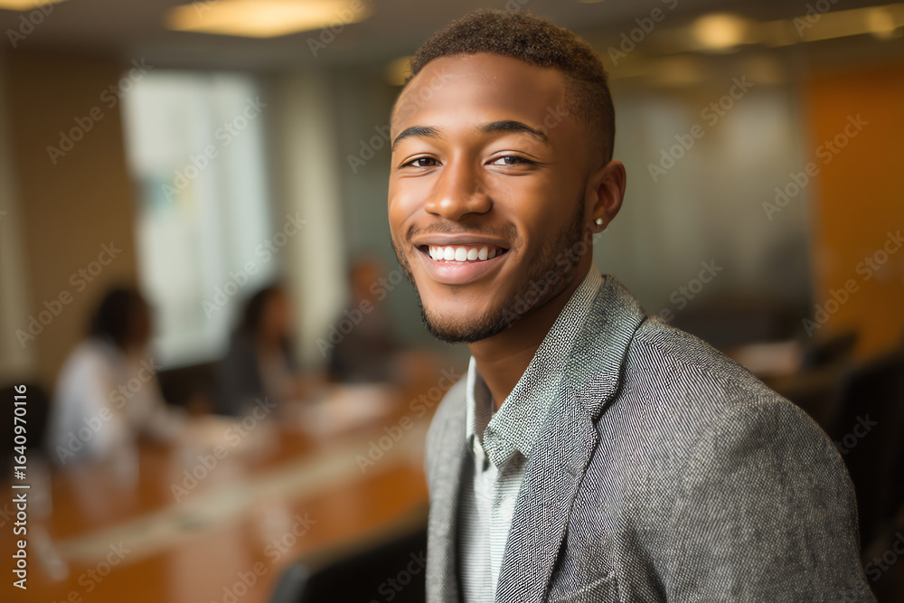 Fototapeta premium A confident young man in business attire smiles warmly in a modern office setting, with colleagues blurred in the background during a meeting