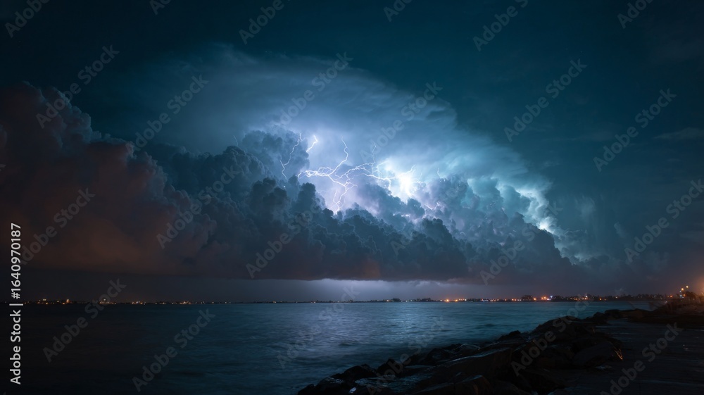 Naklejka premium Lightning flashes through dark clouds above the ocean at night, setting a dramatic scene.