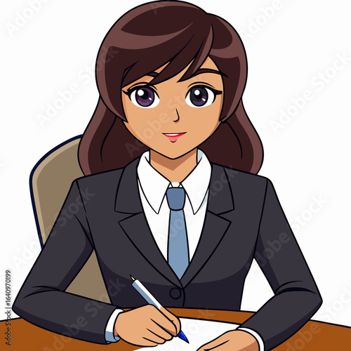 Anime Style Businesswoman Writing at Desk Illustration