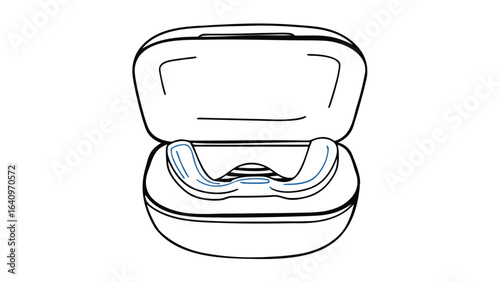 Open retainer case showcasing a blue and white dental retainer inside on a white background view