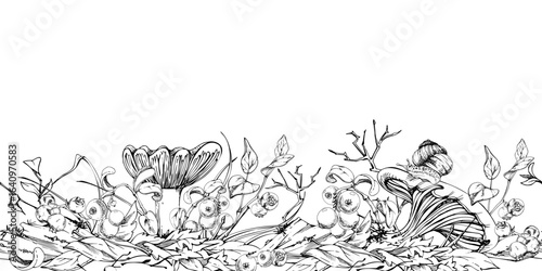 Russula webcap cortinarius mushroom, crawling snail on cap, cranberry blackberry on top of fallen autumn leaves pile, berries twigs. Fungi natural seamless banner header hand drawn in vector ink.