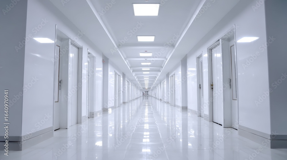 Fototapeta premium Endless White Corridor with Doors, Modern Interior Design and Architecture in a Clean Environment
