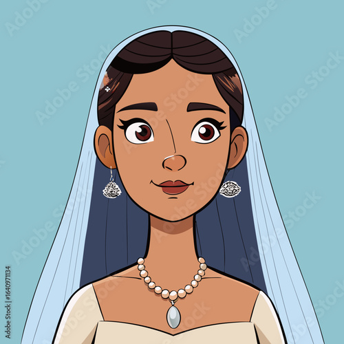 Cartoon Illustration of a Beautiful Bride with a Veil