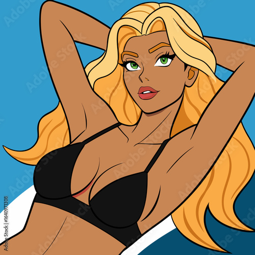 Cartoon Woman in Bikini Lounging on Beach Towel with Hands Behind Head and Blond Hair Summer Relaxation