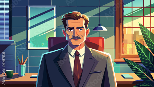 Semi-realistic vector scene, detailed suit texture, natural skin tones, reflective desk surface, subtle shadows, elegant office décor, glowing monitor light, capturing determination, intellect, and le