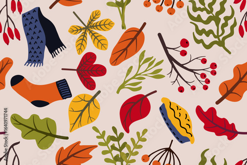 Seamless autumn pattern with leaves, berries, warm sock and scarf, pie slice