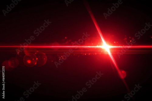 Bright red laser light with lens flare effects on a dark background, creating a vibrant and intense glowing horizontal beam with scattered light particles