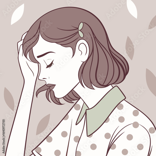 Illustration of a thoughtful young woman with polka dots showing sadness contemplation or emotional distress in a stylized design