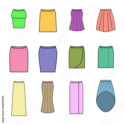Twelve colorful fashionable skirt icons showing different styles and lengths