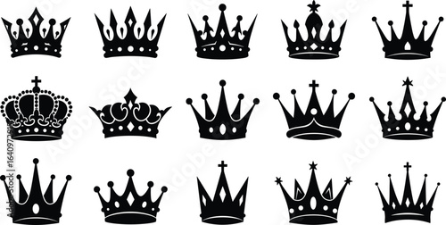 Black crown silhouettes set, royal icons collection, king queen crowns, vintage and modern design, heraldic symbols, luxury, monarchy, royal headwear