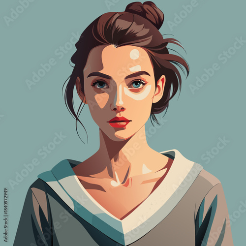 Stylized Portrait of a Young Woman with Brown Hair in a Bun and Blue Eyes Cartoonish Illustration