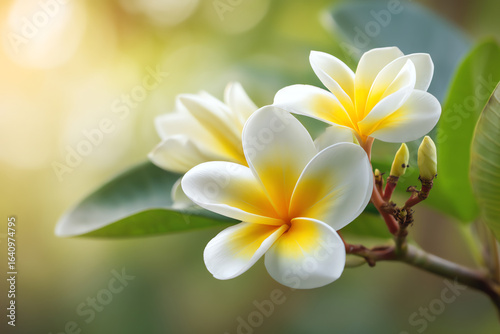 White and yellow frangipani flowers blooming on a branch with green leaves, softly lit by natural sunlight, against a blurred background