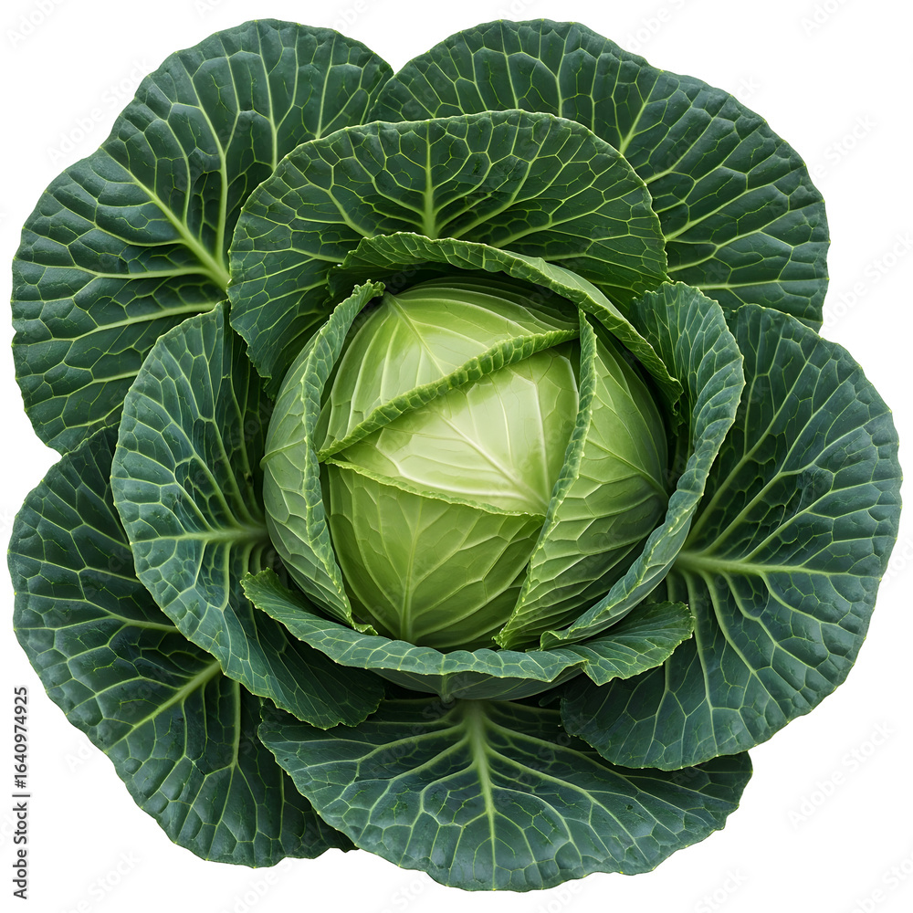 Obraz premium Fresh, vibrant green cabbage head showcasing crisp leaves and healthy texture, perfect for culinary and dietary content.