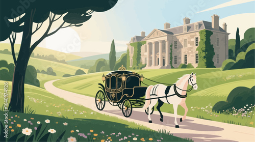 Horsedrawn carriage travels along winding path towards grand estate on sunny day, evoking a sense of timeless elegance and historical charm.