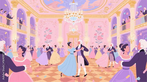 Elegant couples dancing waltz in grand ballroom with ornate chandelier and pastel decorations during a formal evening, creating a romantic atmosphere.
