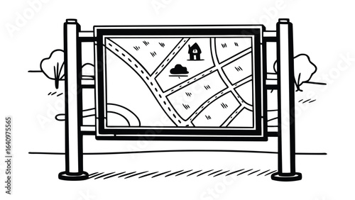 map display board showing roads house and trees in a park like environment outdoors