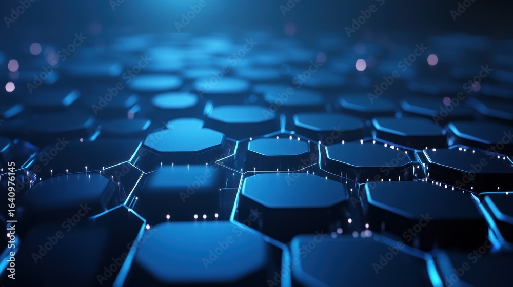 Obraz premium Abstract close-up view of a hexagonal grid, dark-blue, glowing, futuristic, technology, with illuminated connections