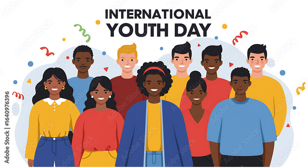 Obraz premium A vibrant illustration of a diverse group of smiling young people celebrating. A multicultural team representing friendship and unity.