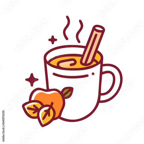 Cozy autumn apple cider with cinnamon stick and leaves