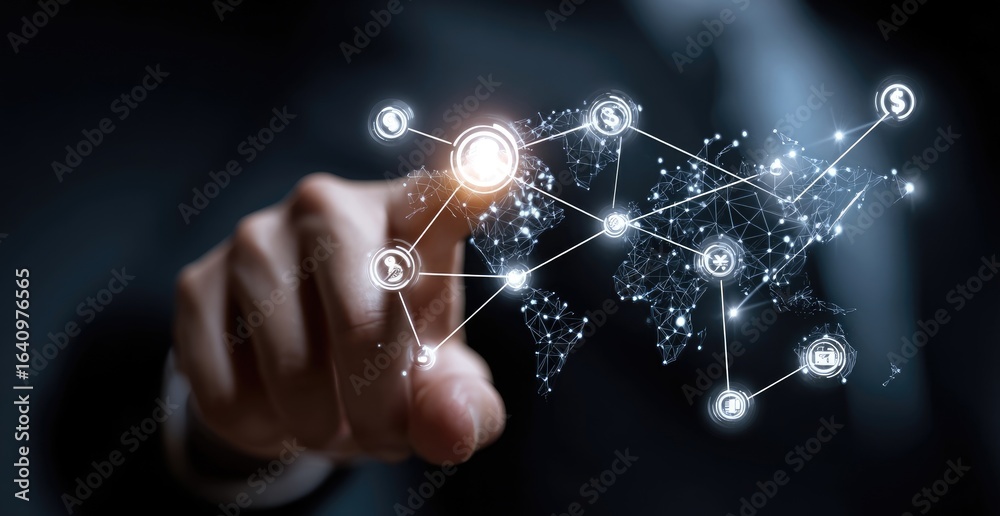 Fototapeta premium Hand touches a global network overlay
