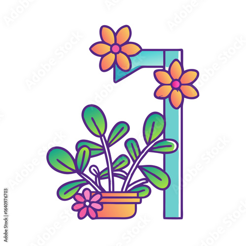 Stylized number one decorated with blooming flowers and potted plant