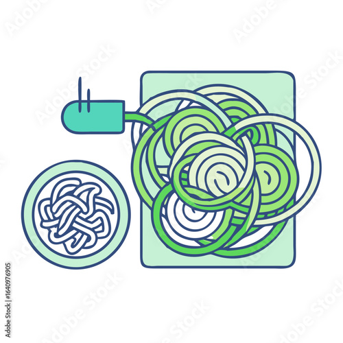 Green spiral noodles being prepared and served