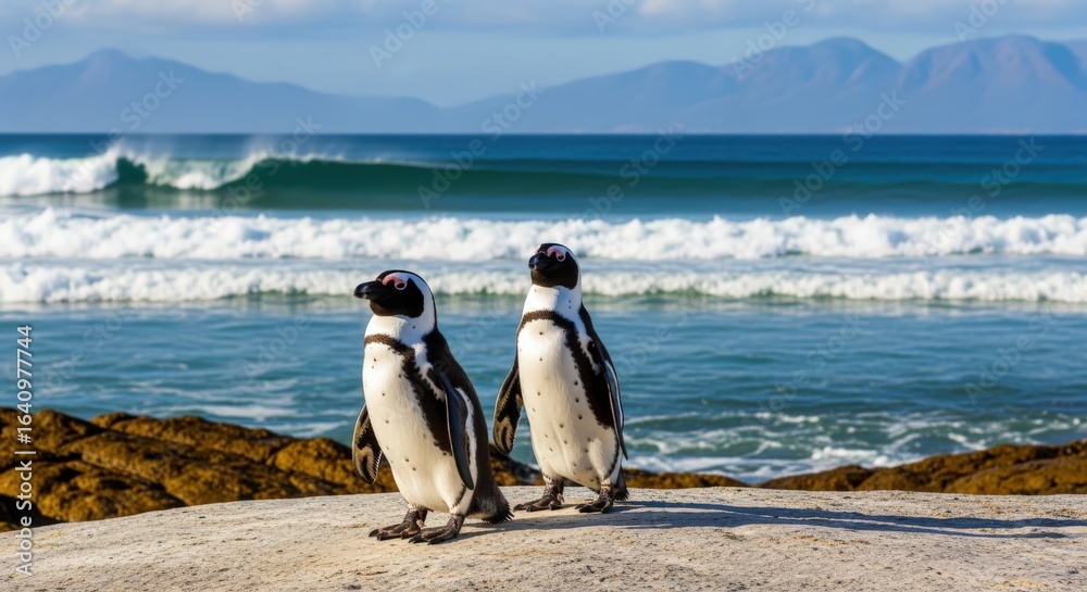 Obraz premium Two African Penguins Standing on Rocky Shoreline with Ocean Waves and Mountain Backdrop