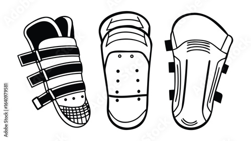 three different types of protective shin guards in black and white outline style