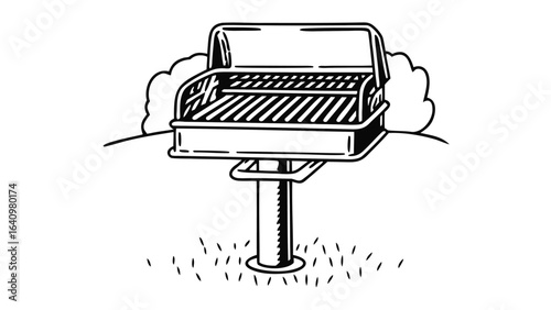  park barbecue grill with an open lid and grass around the base in black and white
