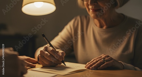 Senior woman writes a letter under warm lamplight, connecting through heartfelt communication.