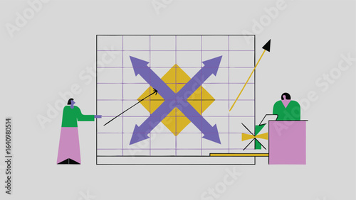 Presentation with graph showing arrows and upward trend with two people in attendance