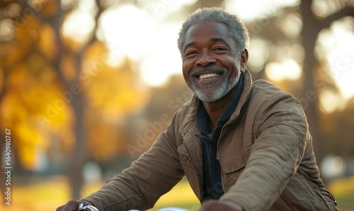 Happy mature senior Black African American man riding his bicycle through a park on a sunny day,  active outdoor living, Generative AI