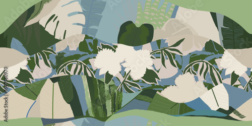 Abstract hand drawn patchwork botanical print. Leaves, flowers and shapes collage contemporary seamless pattern. 