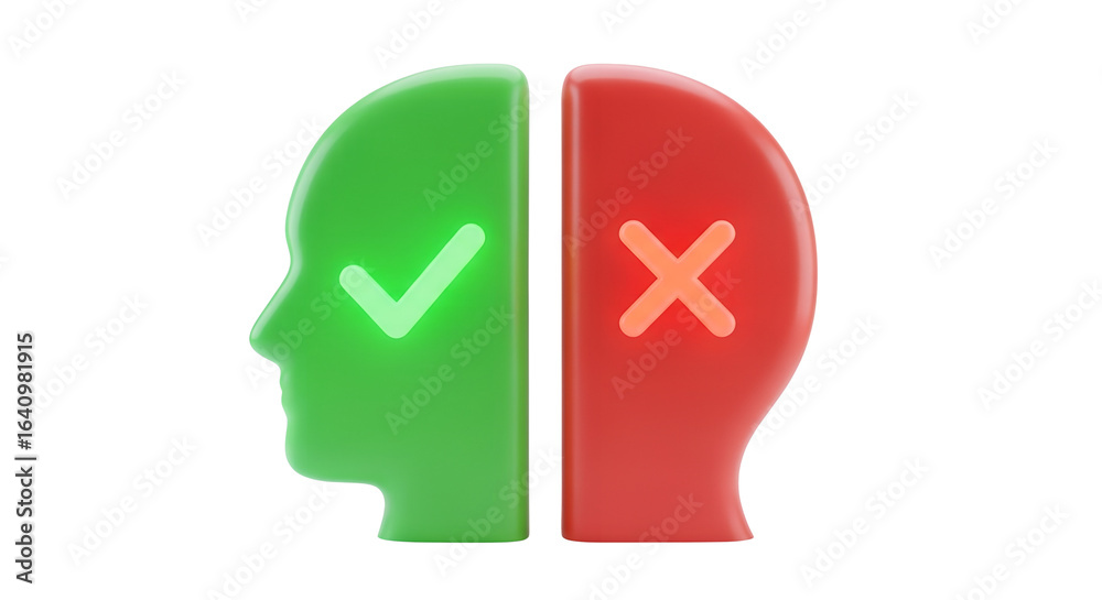 Obraz premium Human Head Split for Correct Incorrect Decision Symbol on transparent background