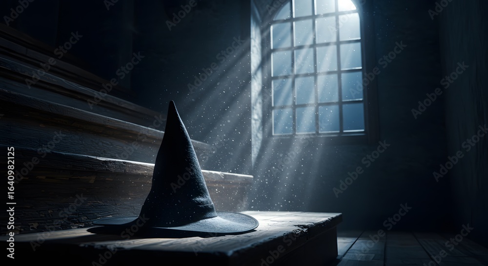 Fototapeta premium A wizard's hat rests on a wooden step, bathed in ethereal light streaming through a window. Magic.