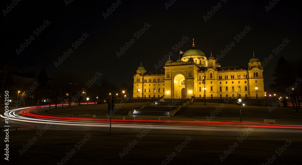Naklejka premium Grand building illuminated at night, with light trails from passing vehicles curving in the foreground.