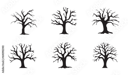 Six black silhouette bare trees on white background winter autumn