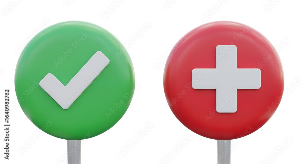 Fototapeta premium Green Checkmark and Red Plus 3D Rendered Icons on White on transparent background