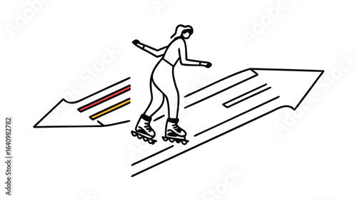 A person on roller skates riding on a large arrow with lines and colors on the opposite side arrow