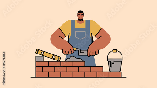 bricklayer building a brick wall with a trowel vector illustration