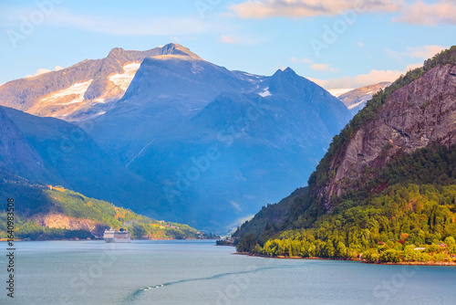 Norway fjord sunset panorama, mountain landscape