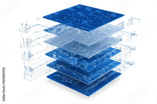 Advanced 3D digital blueprint illustrating complex data architecture layers, highlighting innovative technology solutions for modern software development.