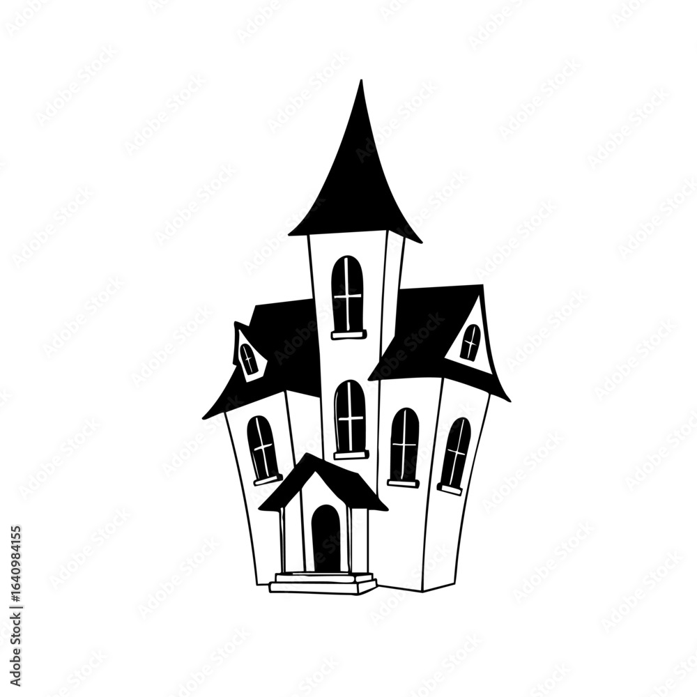Naklejka premium Clean and simple outline of a spooky haunted house with crooked windows and a pointed roof