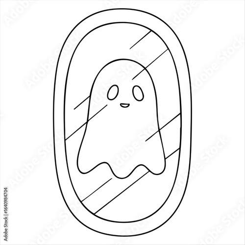 Clean outline drawing of a Haunted mirror with a spooky reflection